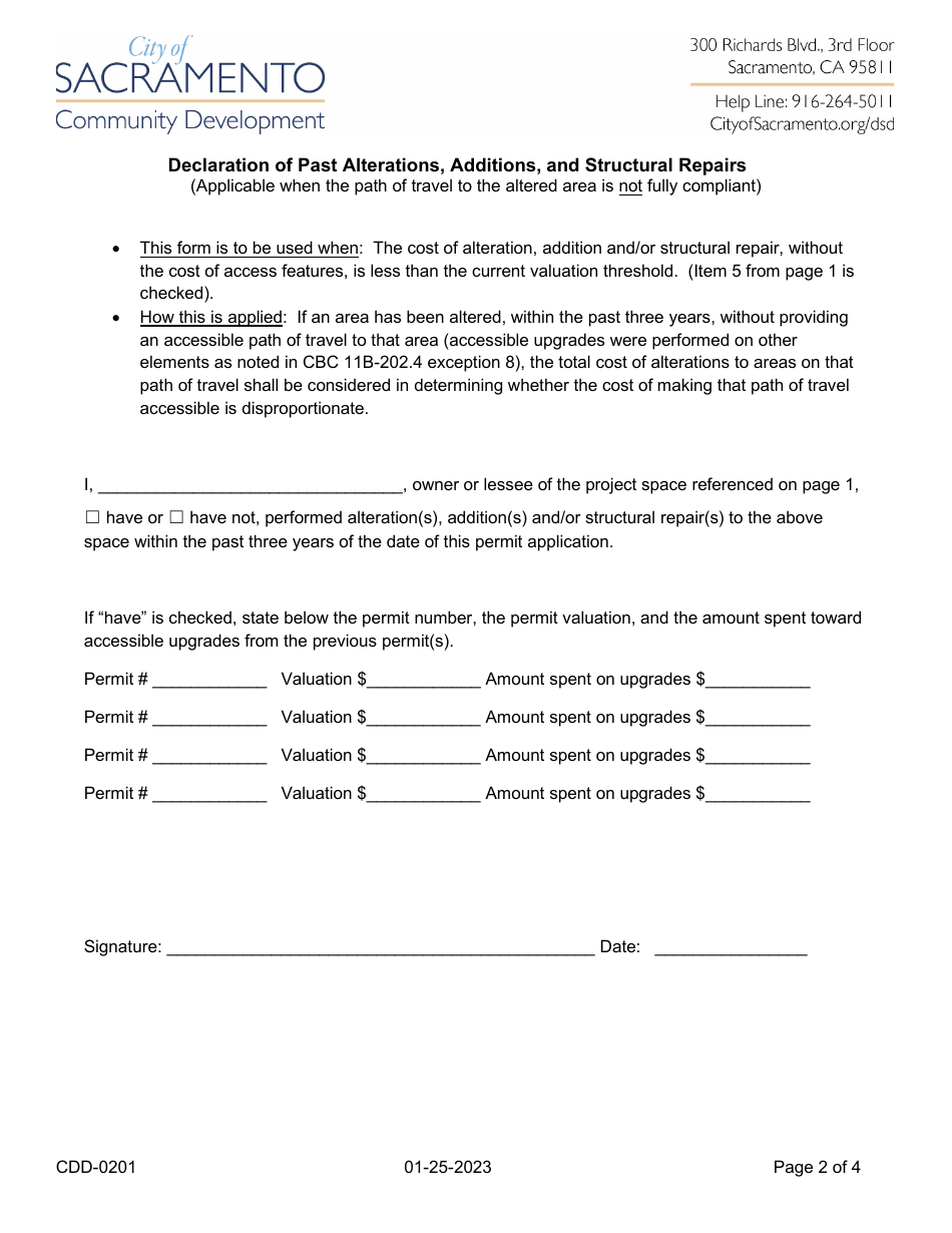 Form CDD-0201 California Building Code Accessibility Upgrade Requirements for Existing Non-residential Buildings - City of Sacramento, California, Page 2