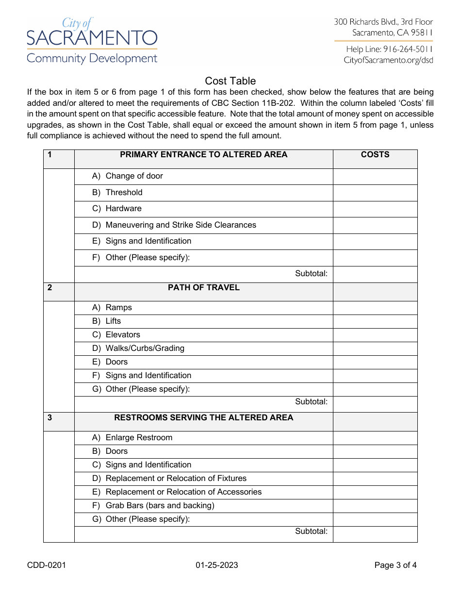 Form CDD-0201 California Building Code Accessibility Upgrade Requirements for Existing Non-residential Buildings - City of Sacramento, California, Page 3