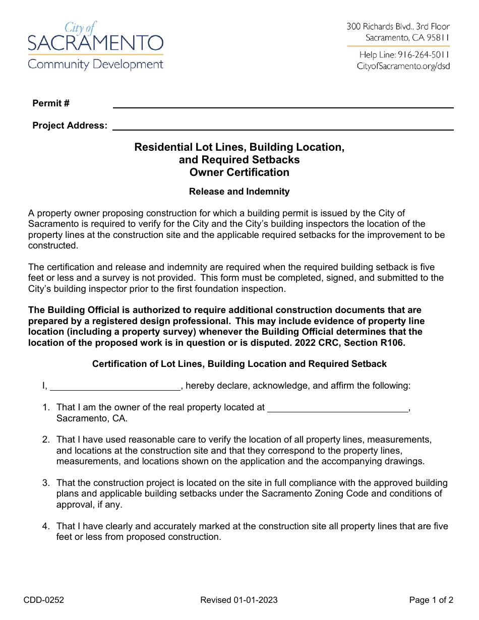 Form CDD-0252 Residential Lot Lines, Building Location, and Required Setbacks Owner Certification - City of Sacramento, California, Page 1