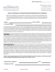 Document preview: Form CDD-0184 Owner Certification of Smoke/Carbon Monoxide Detector Compliance - City of Sacramento, California