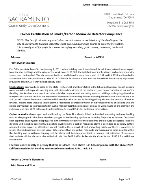 Form CDD-0184 Owner Certification of Smoke/Carbon Monoxide Detector Compliance - City of Sacramento, California