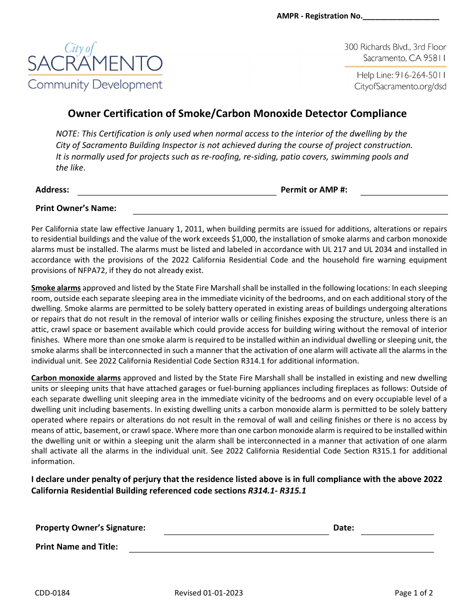 Form CDD-0184 Owner Certification of Smoke / Carbon Monoxide Detector Compliance - City of Sacramento, California, Page 1