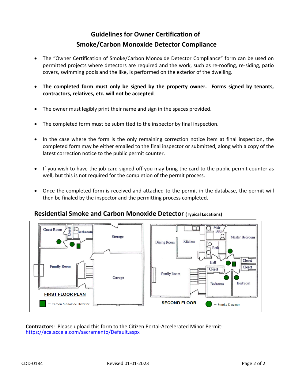 Form CDD-0184 Owner Certification of Smoke / Carbon Monoxide Detector Compliance - City of Sacramento, California, Page 2