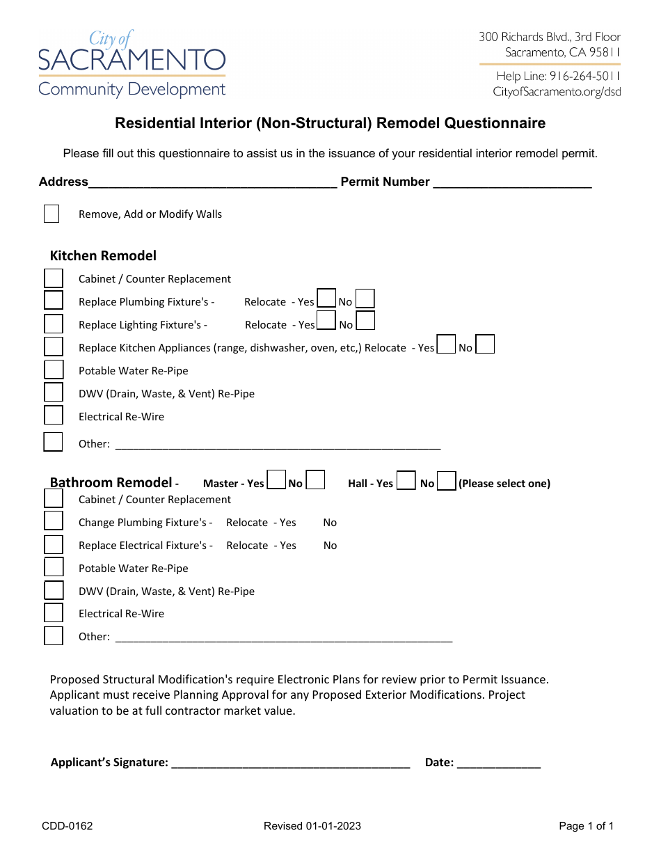 Form CDD-0162 Residential Interior (Non-structural) Remodel Questionnaire - City of Sacramento, California, Page 1