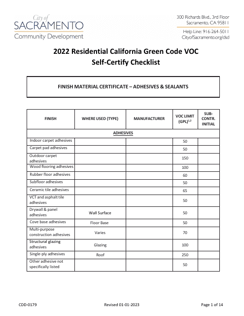 Form CDD-0179 2022 Residential California Green Code VOC Self-certify Checklist - City of Sacramento, California
