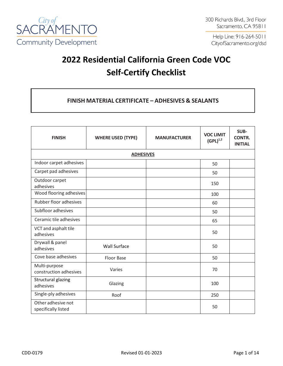 Form CDD-0179 2022 Residential California Green Code VOC Self-certify Checklist - City of Sacramento, California, Page 1