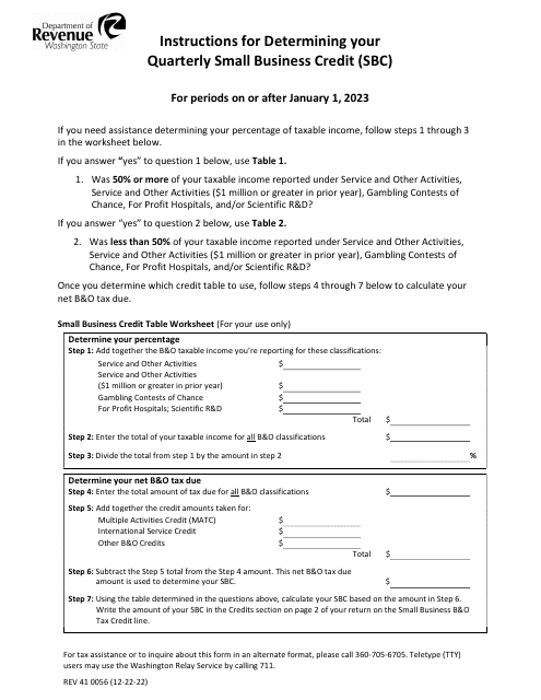 Form REV41 0056 Instructions for Determining Your Quarterly Small Business Credit (Sbc) - Washington