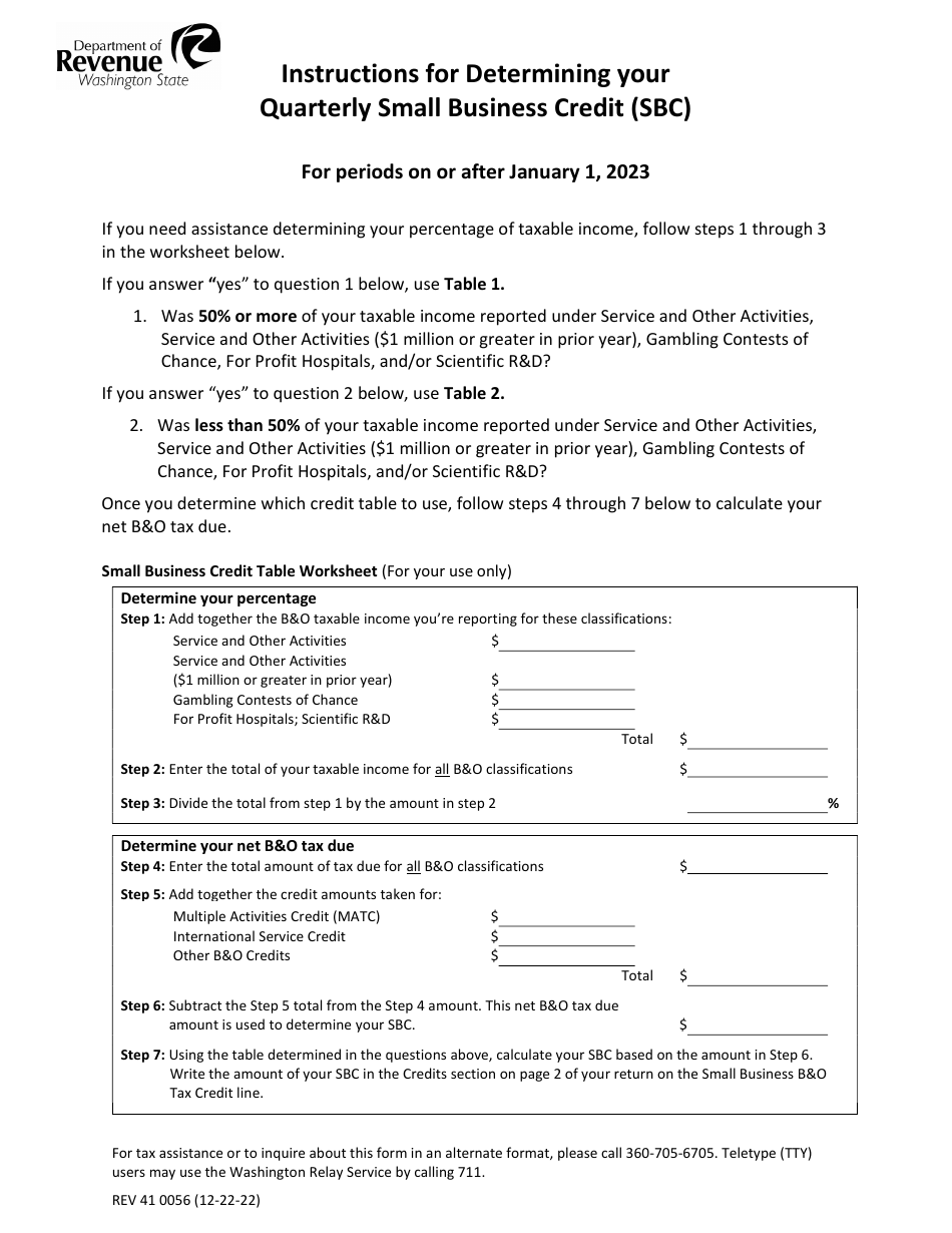 Form REV41 0056 Instructions for Determining Your Quarterly Small Business Credit (Sbc) - Washington, Page 1