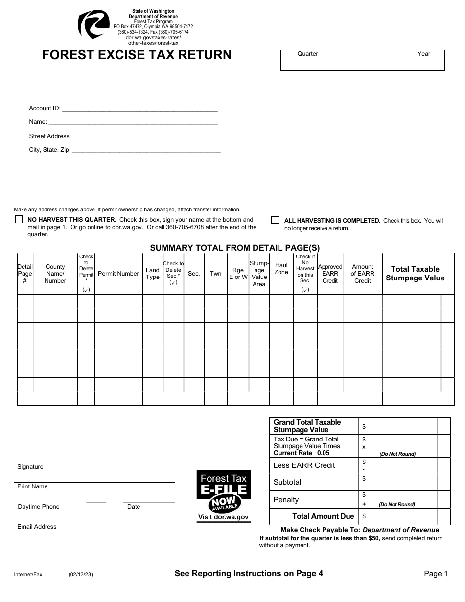 Small Harvester Forest Excise Tax Return - Washington, Page 1