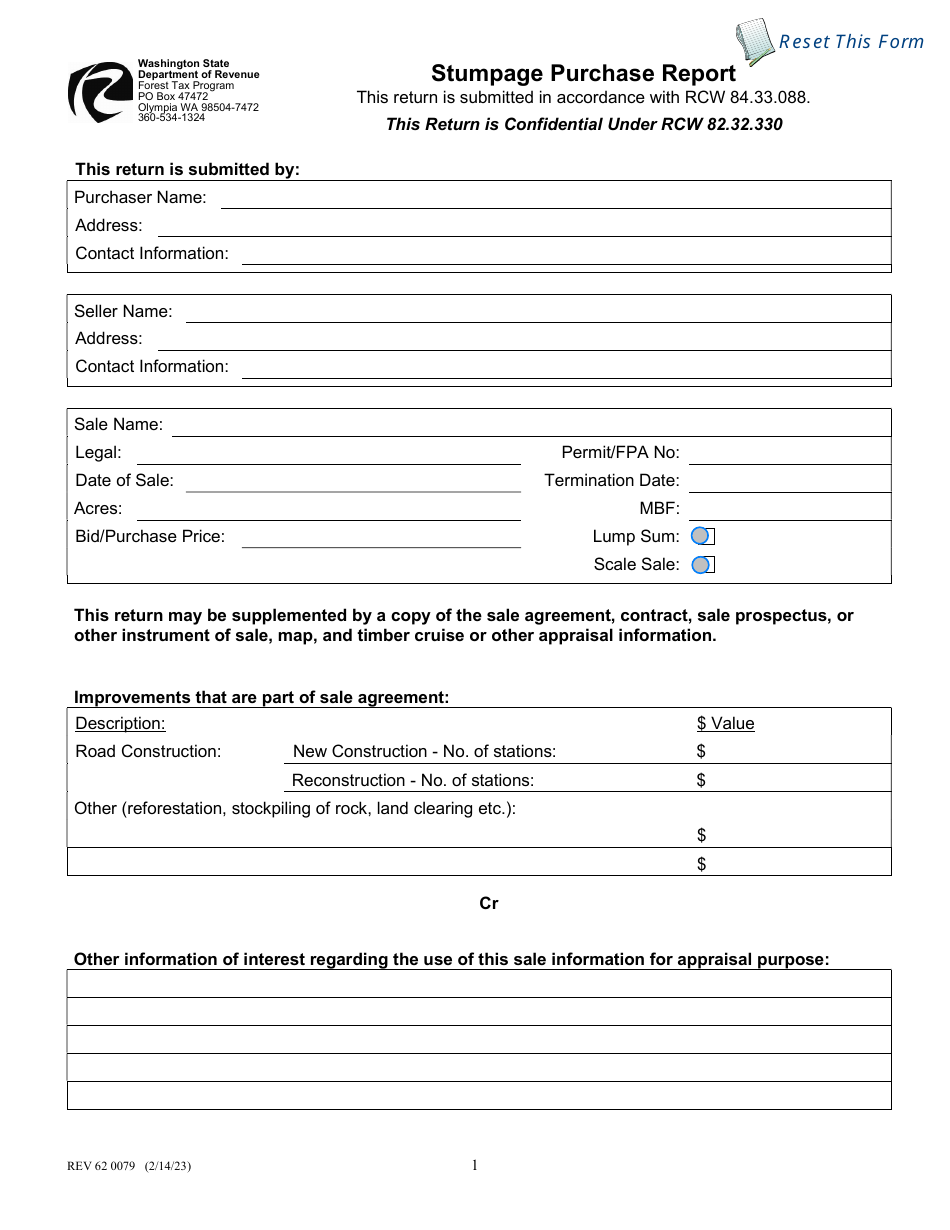 Form REV62 0079 Stumpage Purchase Report - Washington, Page 1