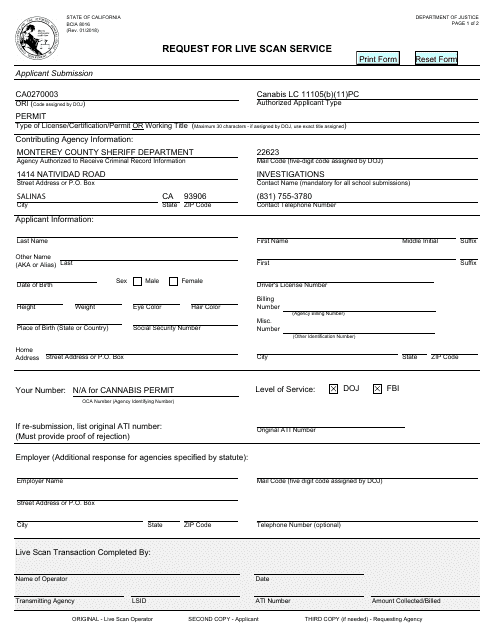 Form BCIA8016 Request for Live Scan Service - Monterey County, California