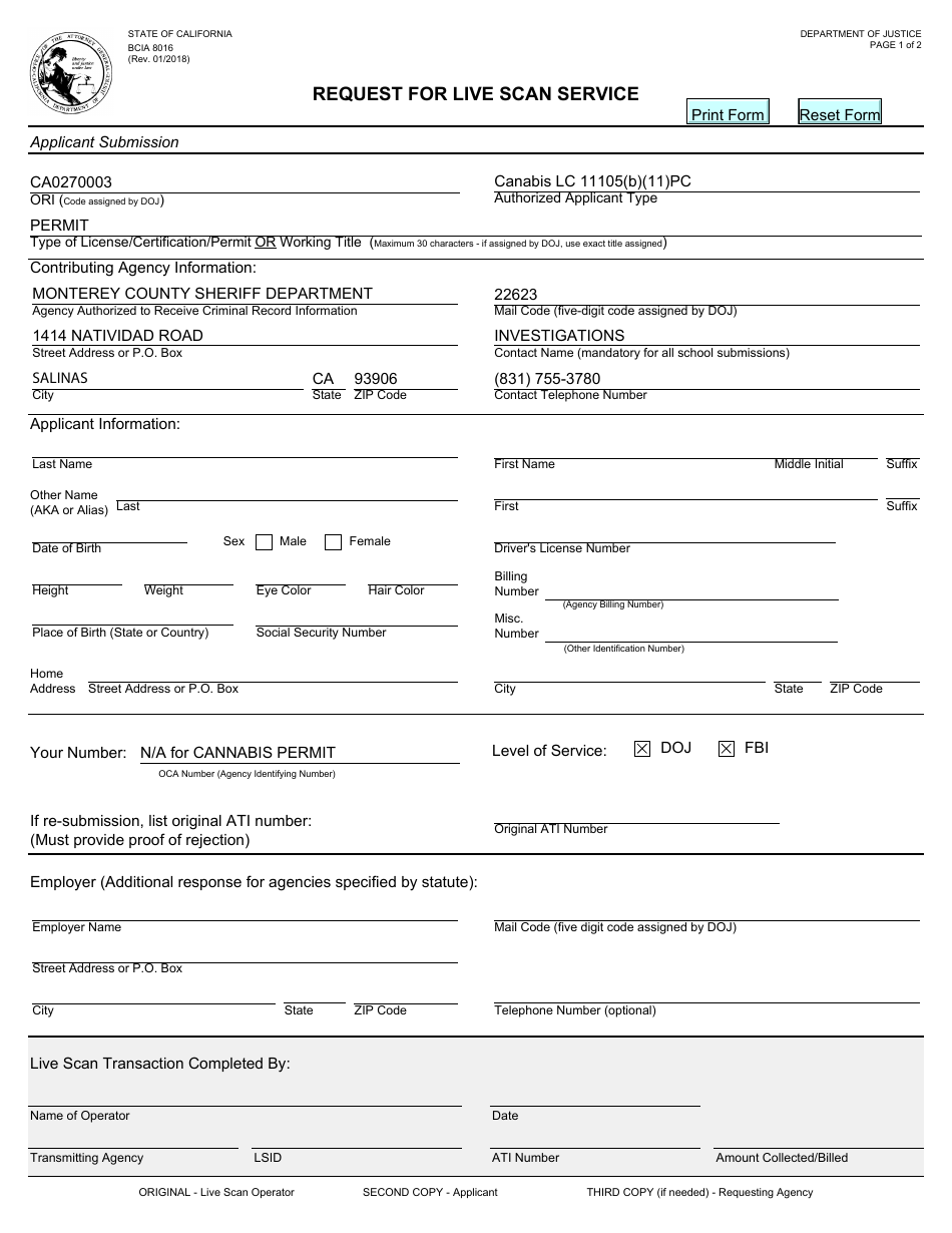 Form BCIA8016 Request for Live Scan Service - Monterey County, California, Page 1