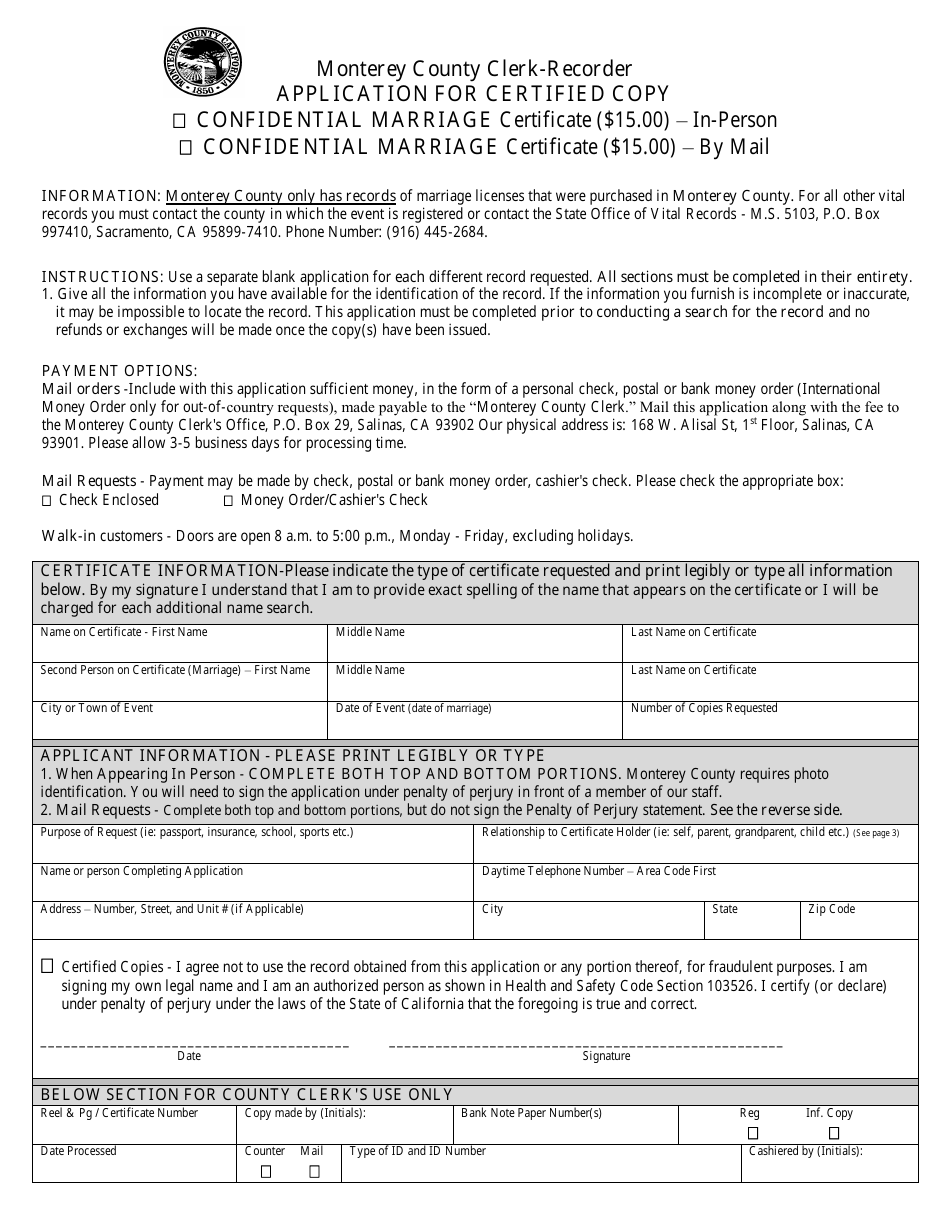 Application for Certified Copy - Monterey County, California, Page 1