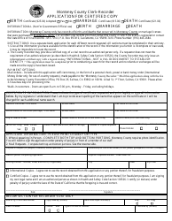 Document preview: Application for Certified Copy - Birth, Non-confidential Marriage, or Death - Monterey County, California