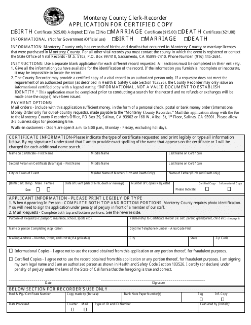 Application for Certified Copy - Birth, Non-confidential Marriage, or Death - Monterey County, California