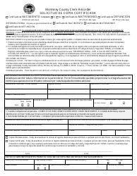 Document preview: Solicitud De Copia Certificada - Nacimiento, Matrimonio, Defuncion - Monterey County, California (Spanish)