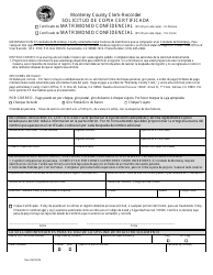 Document preview: Solicitud De Copia Certificada - Matrimonio Confidencial - Monterey County, California