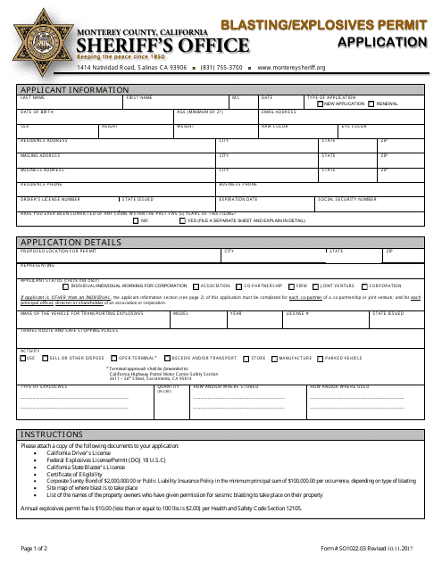 Form SO1022.03 Blasting/Explosives Permit Application - Monterey County, California