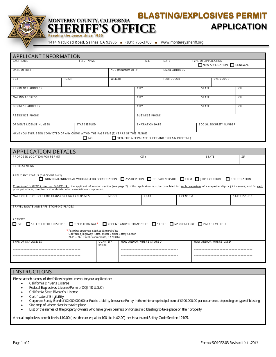 Form SO1022.03 Blasting / Explosives Permit Application - Monterey County, California, Page 1