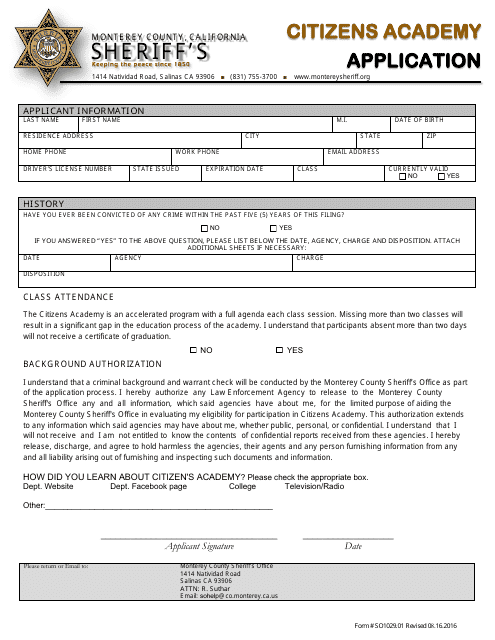 Form SO1029.01 Citizens Academy Application - Monterey County, California