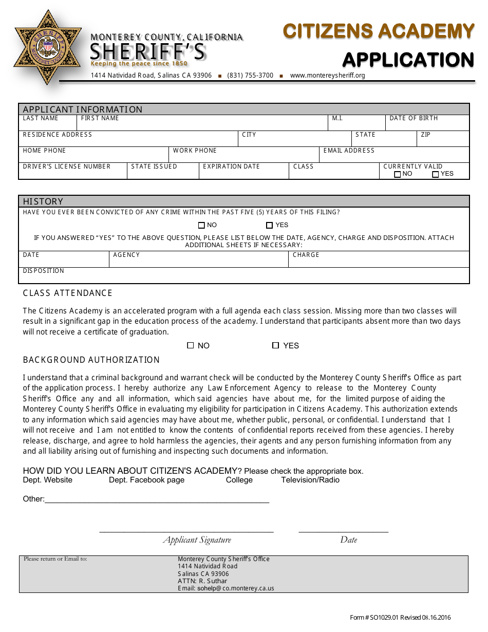 Form SO1029.01 Citizens Academy Application - Monterey County, California, Page 1