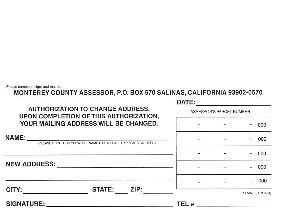 Form 117-078 Authorization to Change Address - Monterey County, California, Page 1