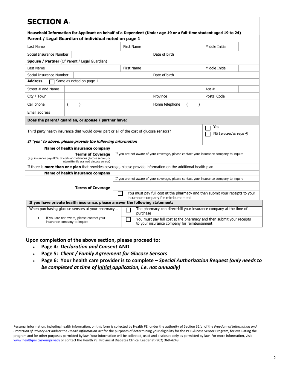 Initial Family Contribution Assessment and Release of Information - Pei Glucose Sensor Program - Prince Edward Island, Canada, Page 2