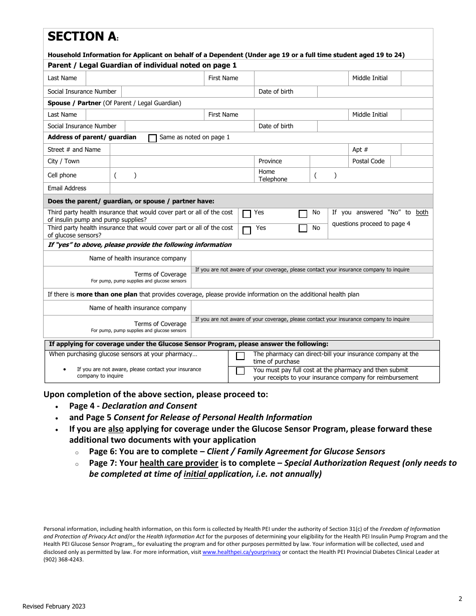 Initial Family Contribution Assessment and Release of Information - Pei Insulin Pump and Glucose Sensor Program - Prince Edward Island, Canada, Page 2