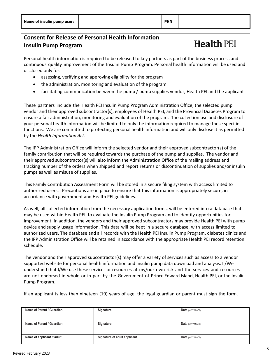 Initial Family Contribution Assessment and Release of Information - Pei Insulin Pump and Glucose Sensor Program - Prince Edward Island, Canada, Page 5