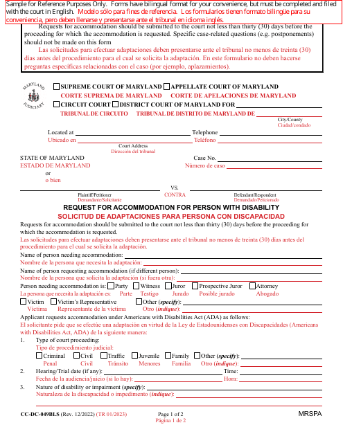 Form CC-DC-049BLS Request for Accommodation for Person With Disability - Maryland (English/Spanish)