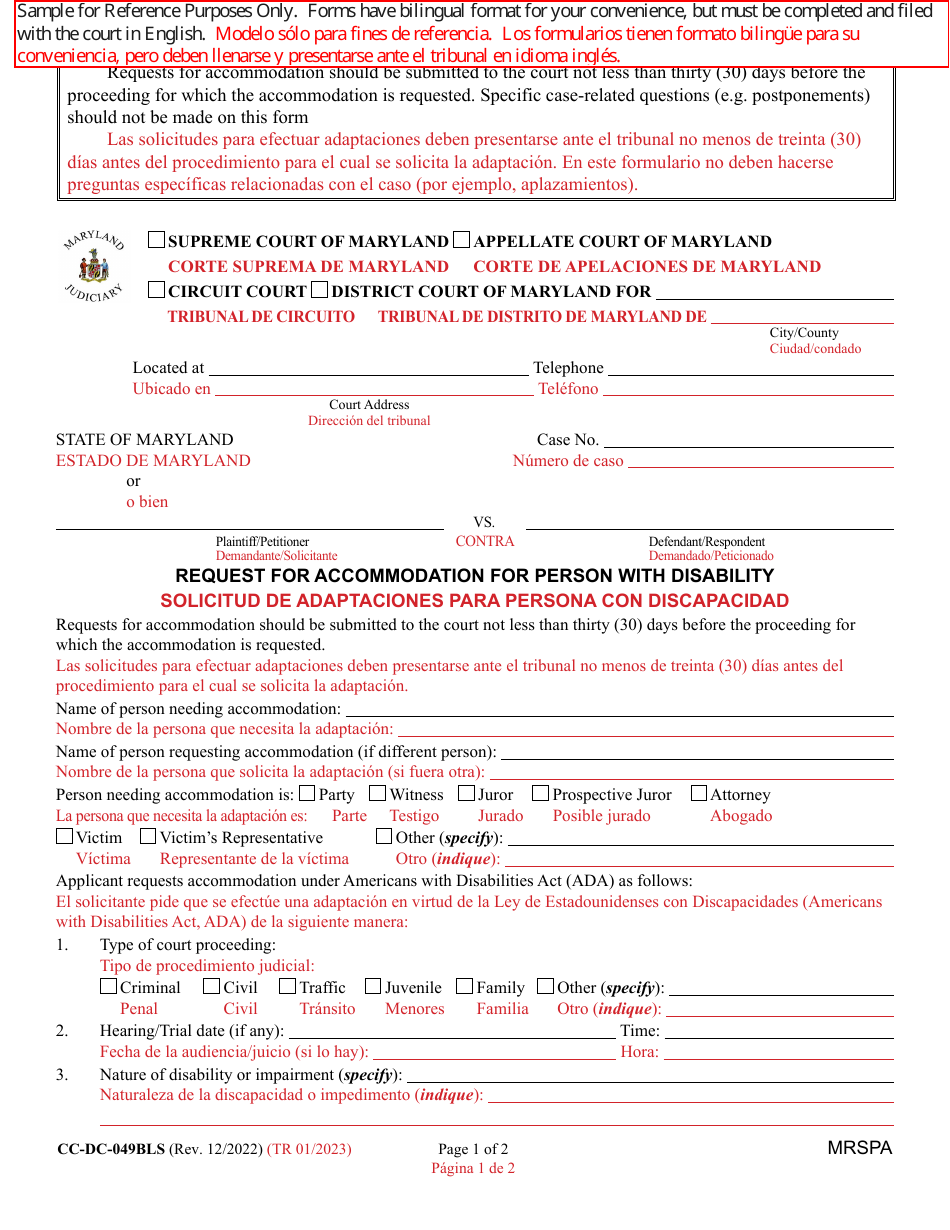 Form CC-DC-049BLS Request for Accommodation for Person With Disability - Maryland (English / Spanish), Page 1