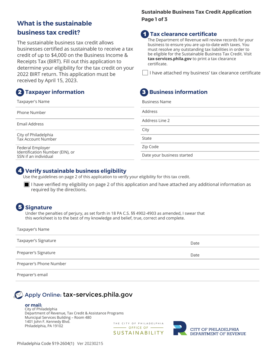 Sustainable Business Tax Credit Application - City of Philadelphia, Pennsylvania, Page 1