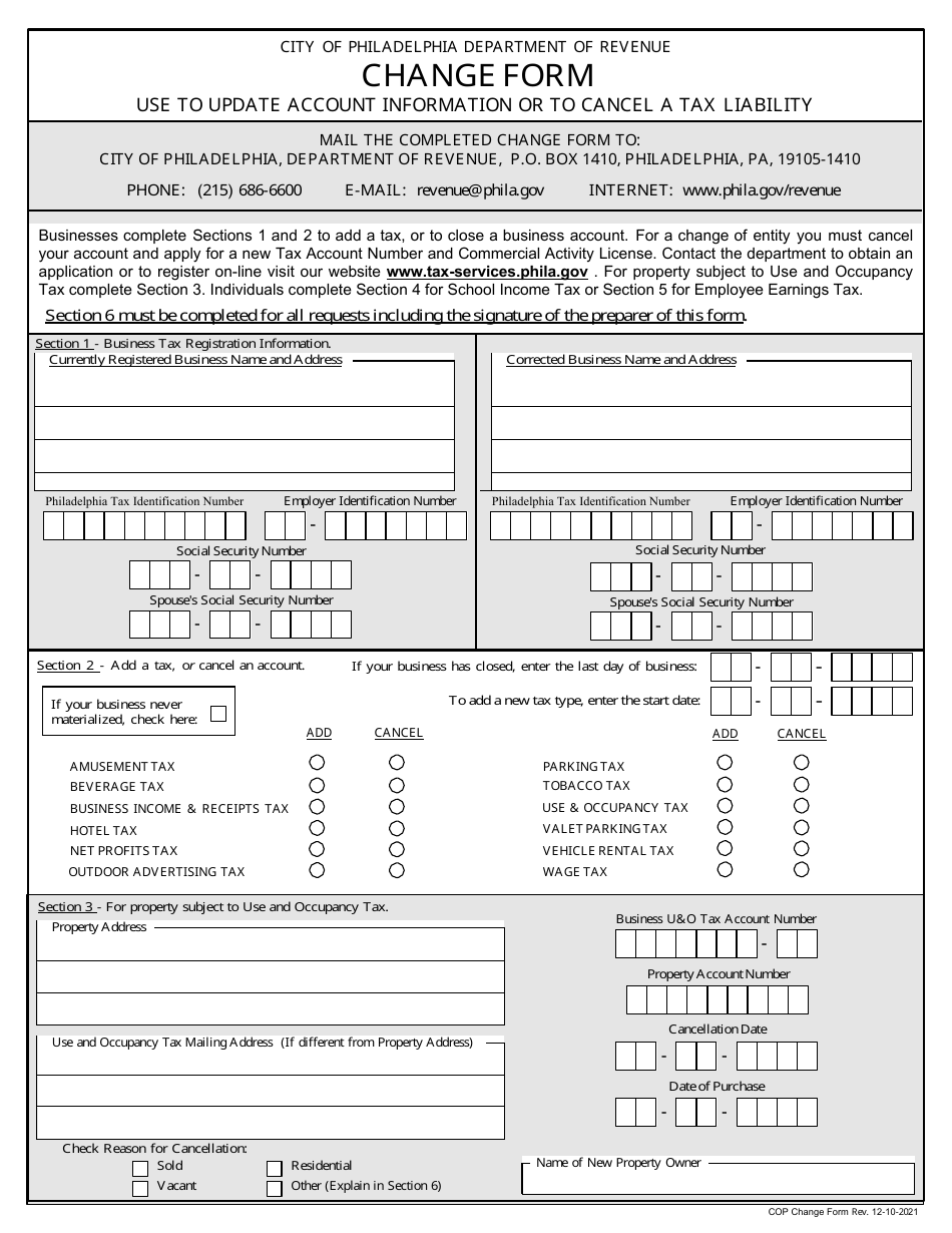 Tax Account Change Form - City of Philadelphia, Pennsylvania, Page 1