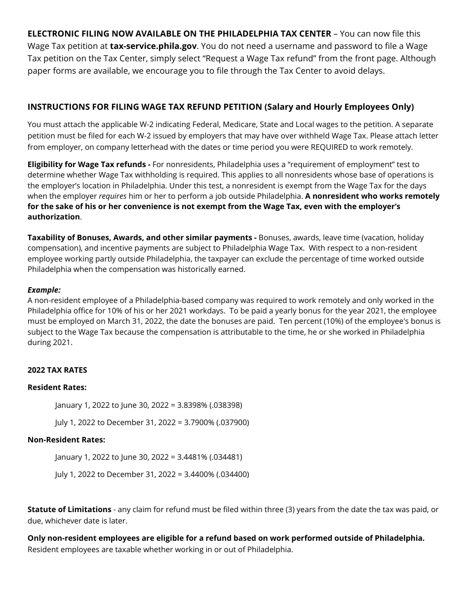 2022 City of Philadelphia, Pennsylvania Wage Tax Refund Petition