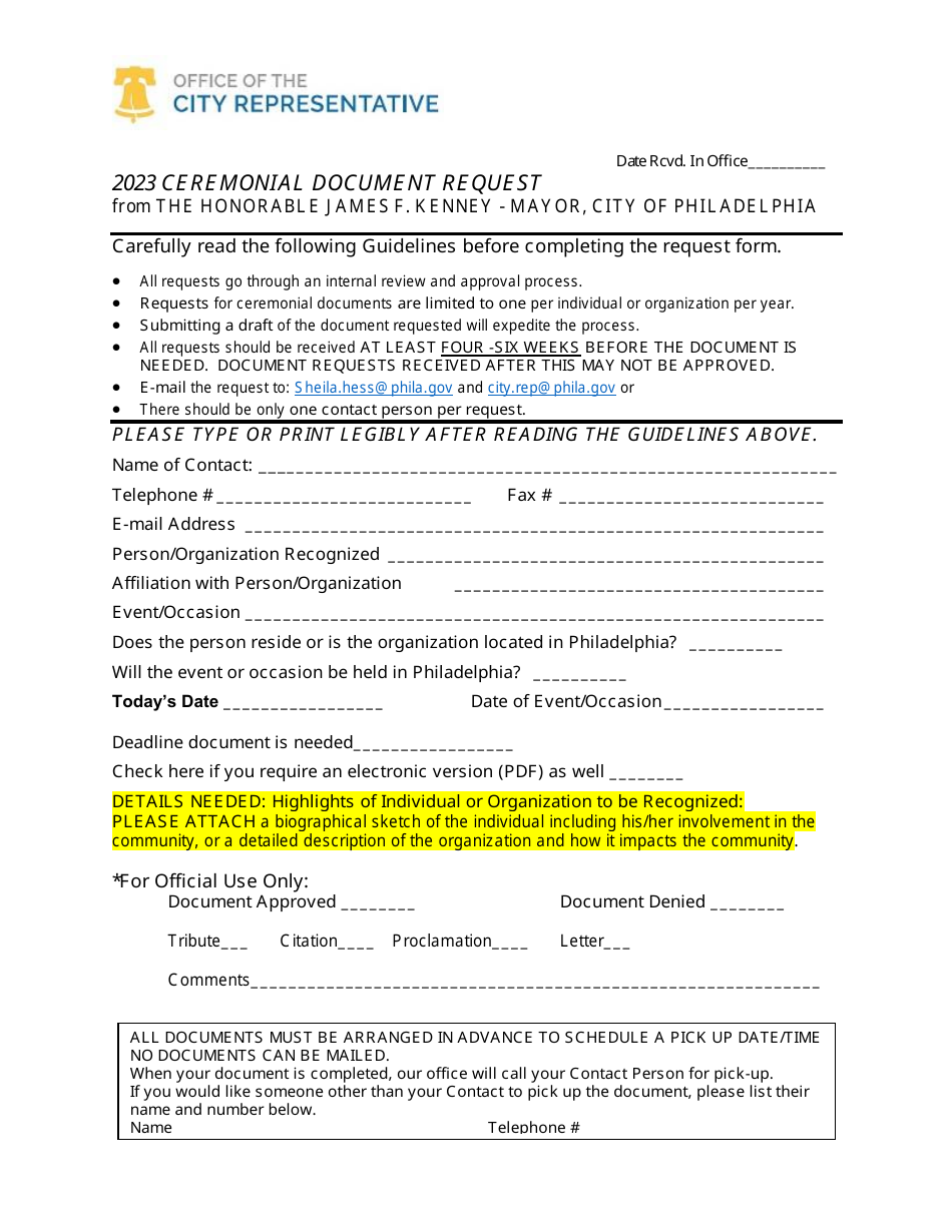 Ceremonial Document Request - City of Philadelphia, Pennsylvania, Page 1
