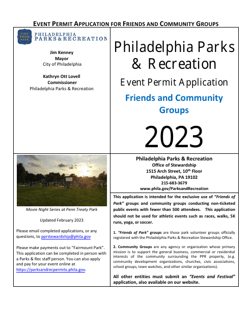 Event Permit Application for Friends and Community Groups - City of Philadelphia, Pennsylvania, 2023