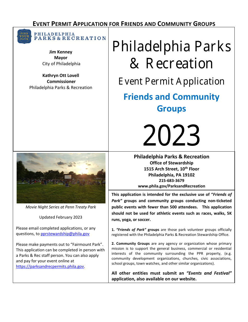 Event Permit Application for Friends and Community Groups - City of Philadelphia, Pennsylvania, Page 1