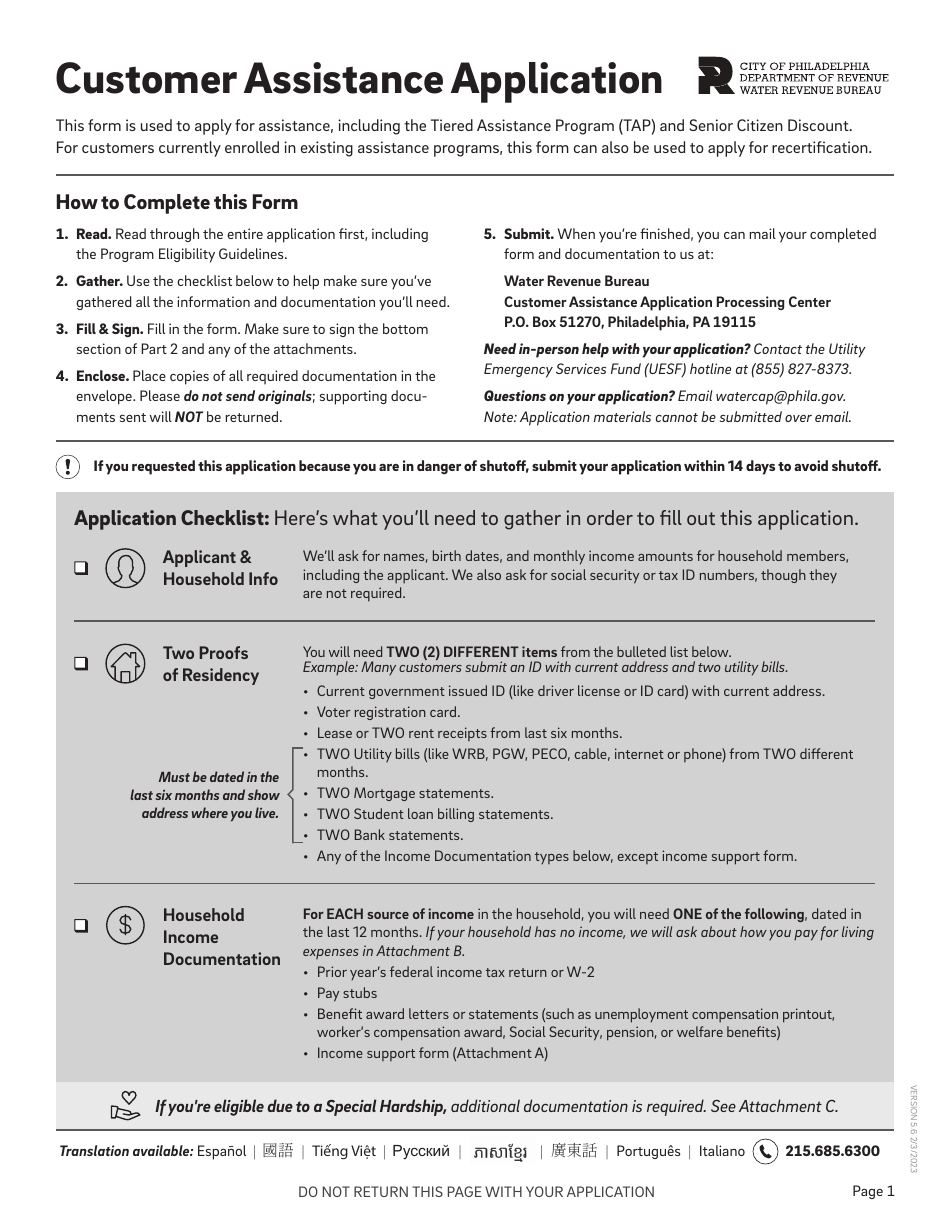 Customer Assistance Application Checklist - City of Philadelphia, Pennsylvania, Page 1
