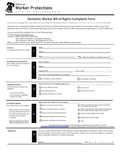 Domestic Worker Bill of Rights Complaint Form - City of Philadeplhia, Pennsylvania (English / Spanish) Download Pdf