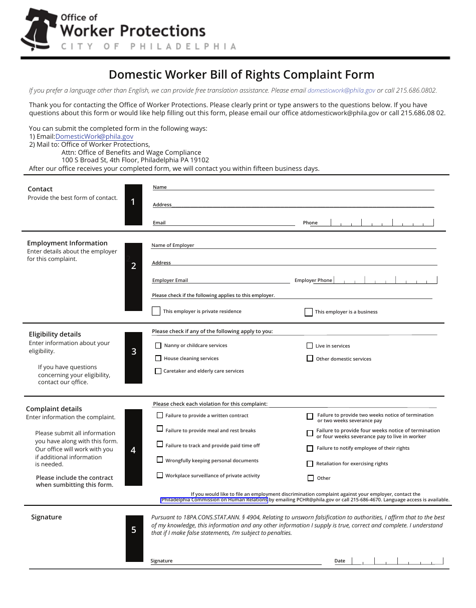 Domestic Worker Bill of Rights Complaint Form - City of Philadeplhia, Pennsylvania (English / Spanish), Page 1