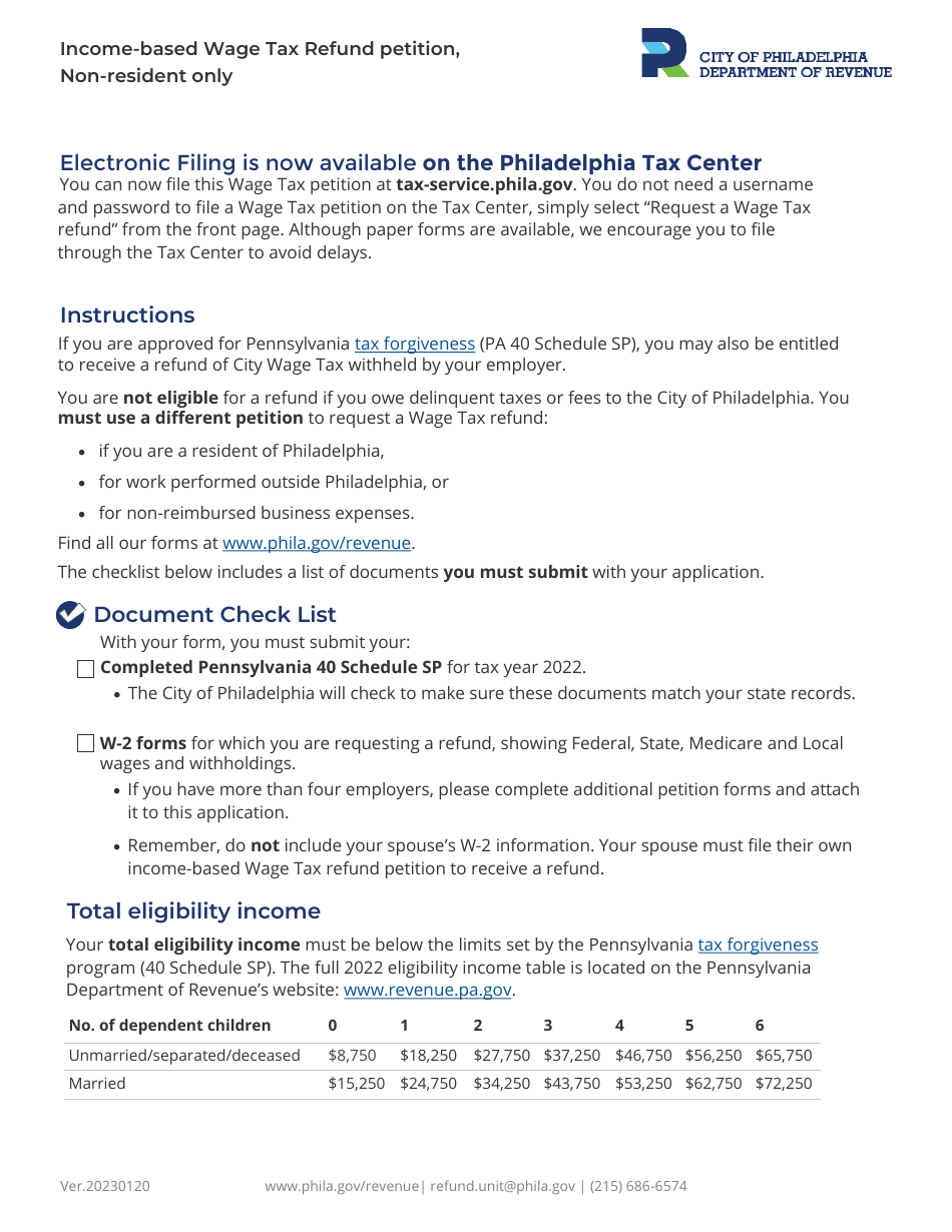 Income-Based Wage Tax Refund Petition - Non-residents Only - City of Philadelphia, Pennsylvania, Page 2