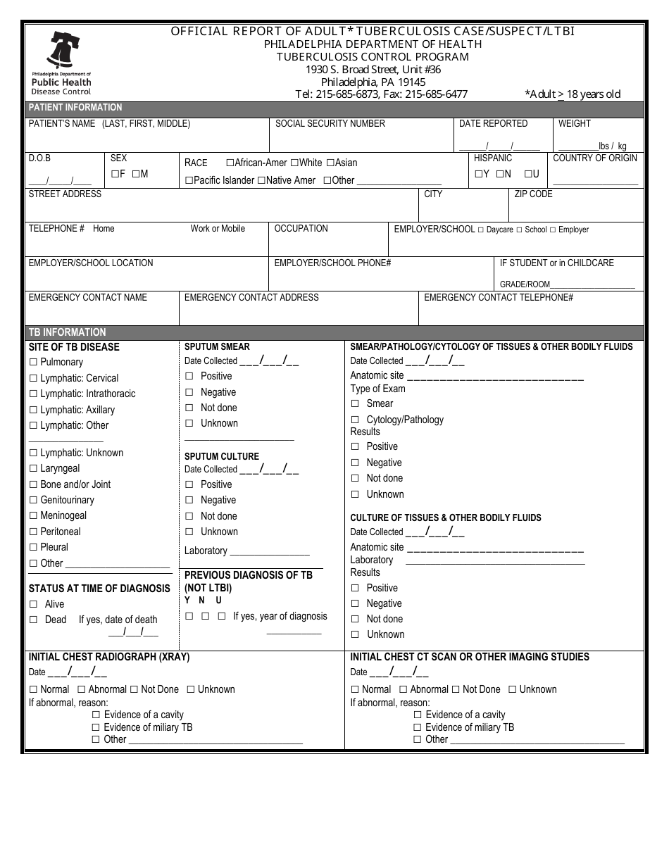 Official Report of Adult Tuberculosis Case / Suspect / Ltbi - City of Philadelphia, Pennsylvania, Page 1