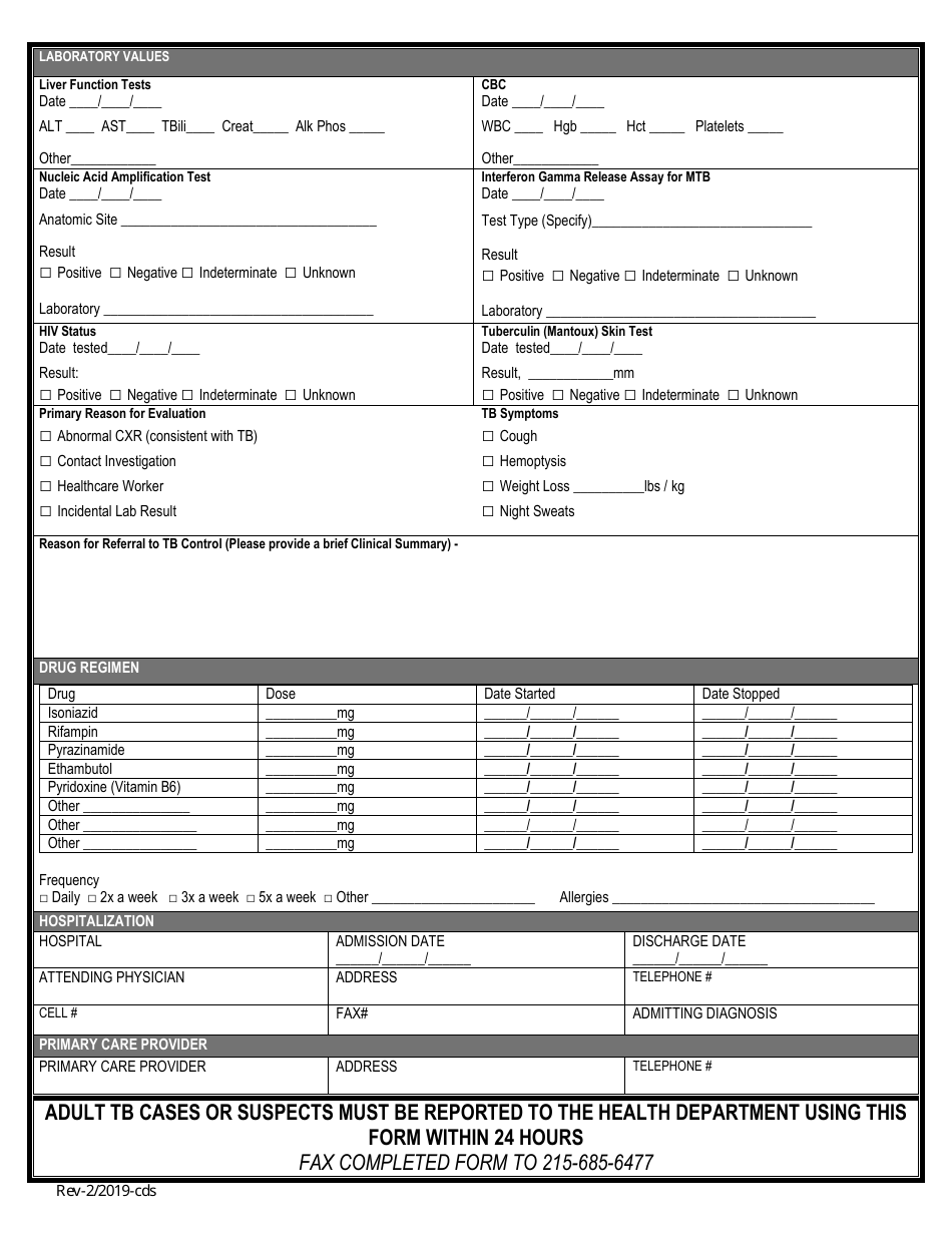 Official Report of Adult Tuberculosis Case / Suspect / Ltbi - City of Philadelphia, Pennsylvania, Page 2