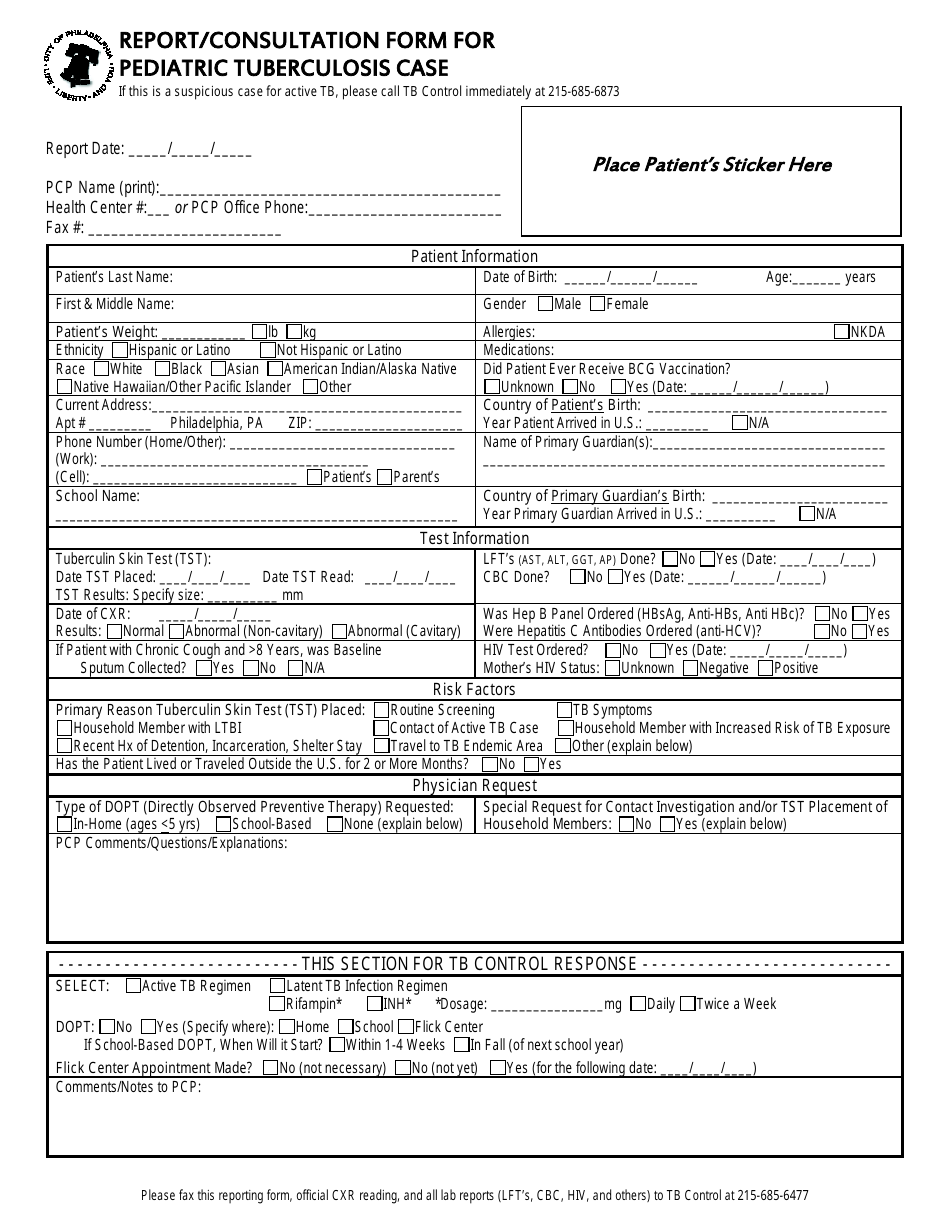 Report / Consultation Form for Pediatric Tuberculosis Case - City of Philadelphia, Pennsylvania, Page 1