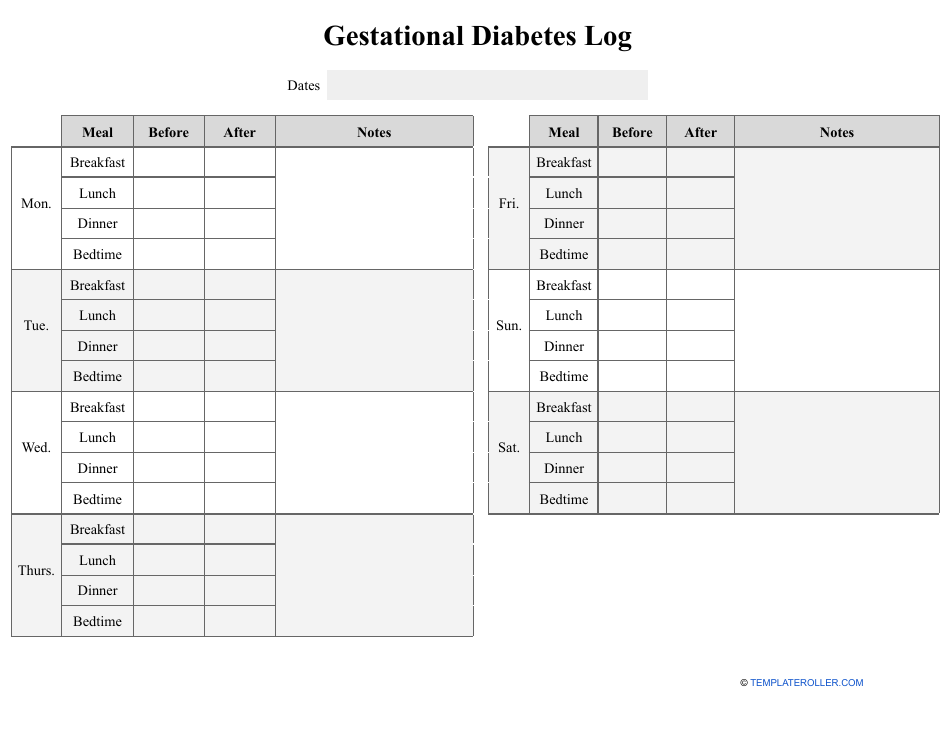 Gestational Diabetes Log Template - Printable Blood Sugar and Meal Tracker