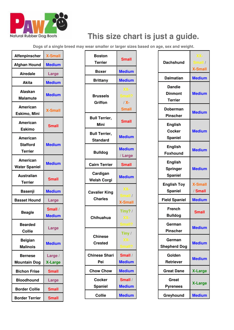 Dog Boots Size Chart - Pawz Download Printable PDF | Templateroller