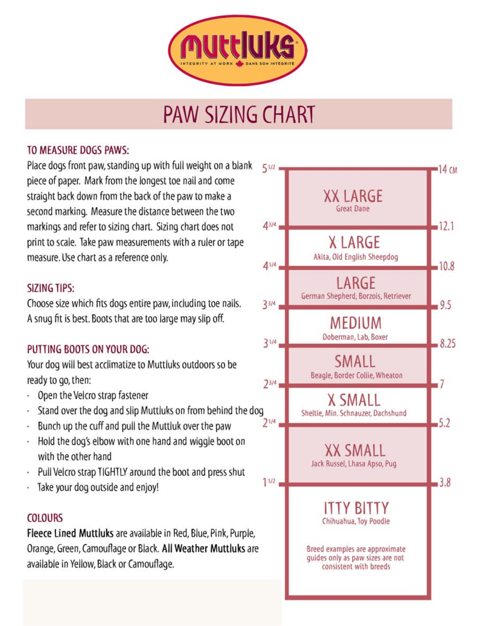 Dog Paw Sizing Chart Muttluks Download Printable PDF Templateroller