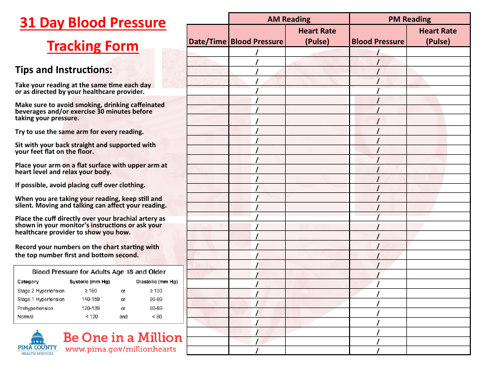 31 Day Blood Pressure Tracking Form, Page 1