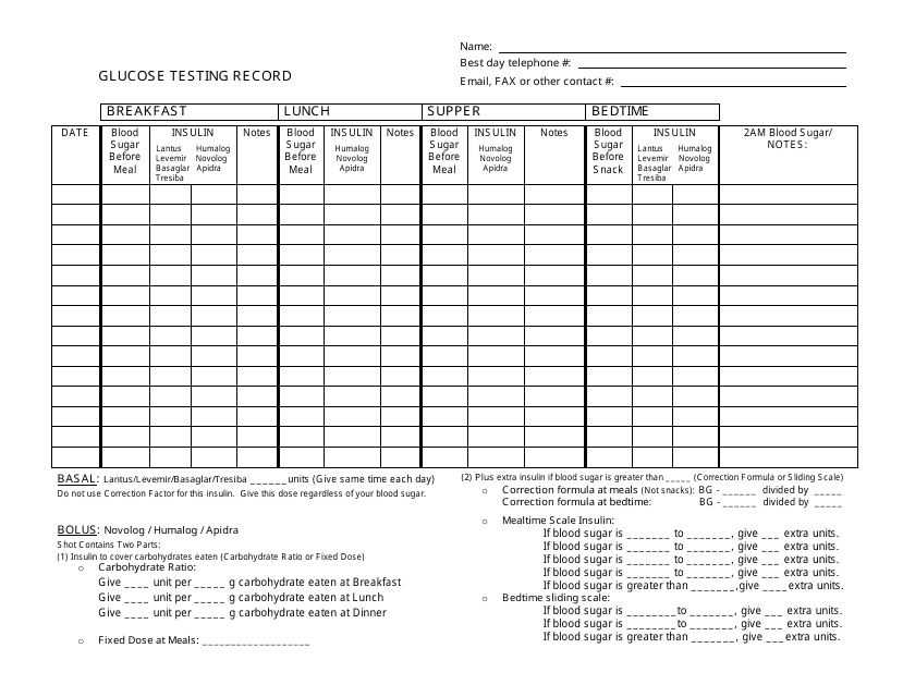 Glucose Testing Record Sheet. Track your blood sugar levels with this printable record sheet.