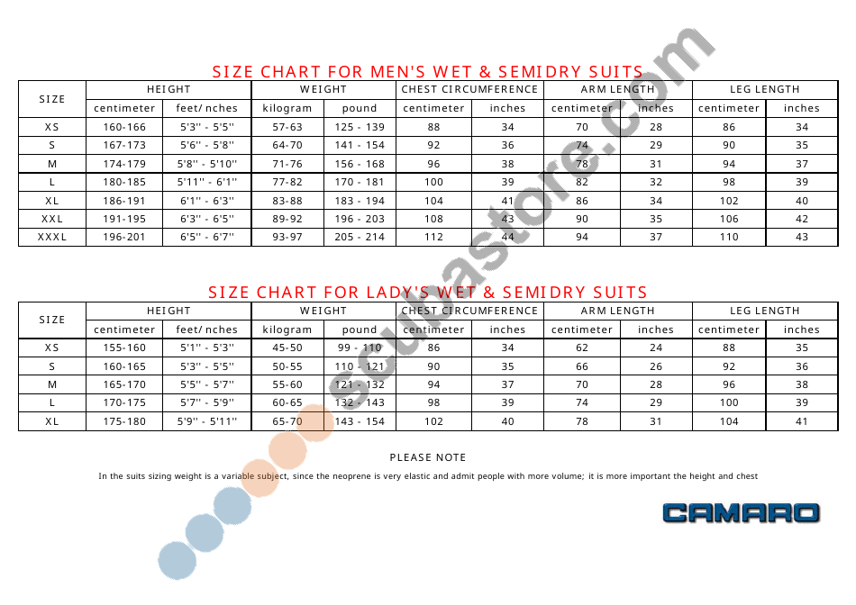 Wet & Semidry Suit Size Charts - Camaro Download Printable PDF ...